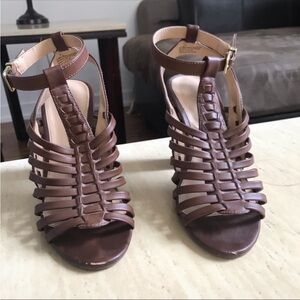 Brown Faux Leather Strappy Blocked Heels